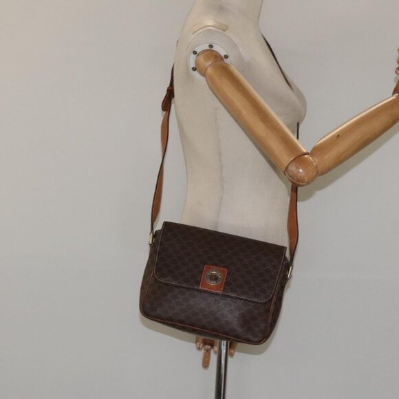 CELINE Macadam Canvas Shoulder Bag PVC Leather Brown Gold - Picture 13 of 15